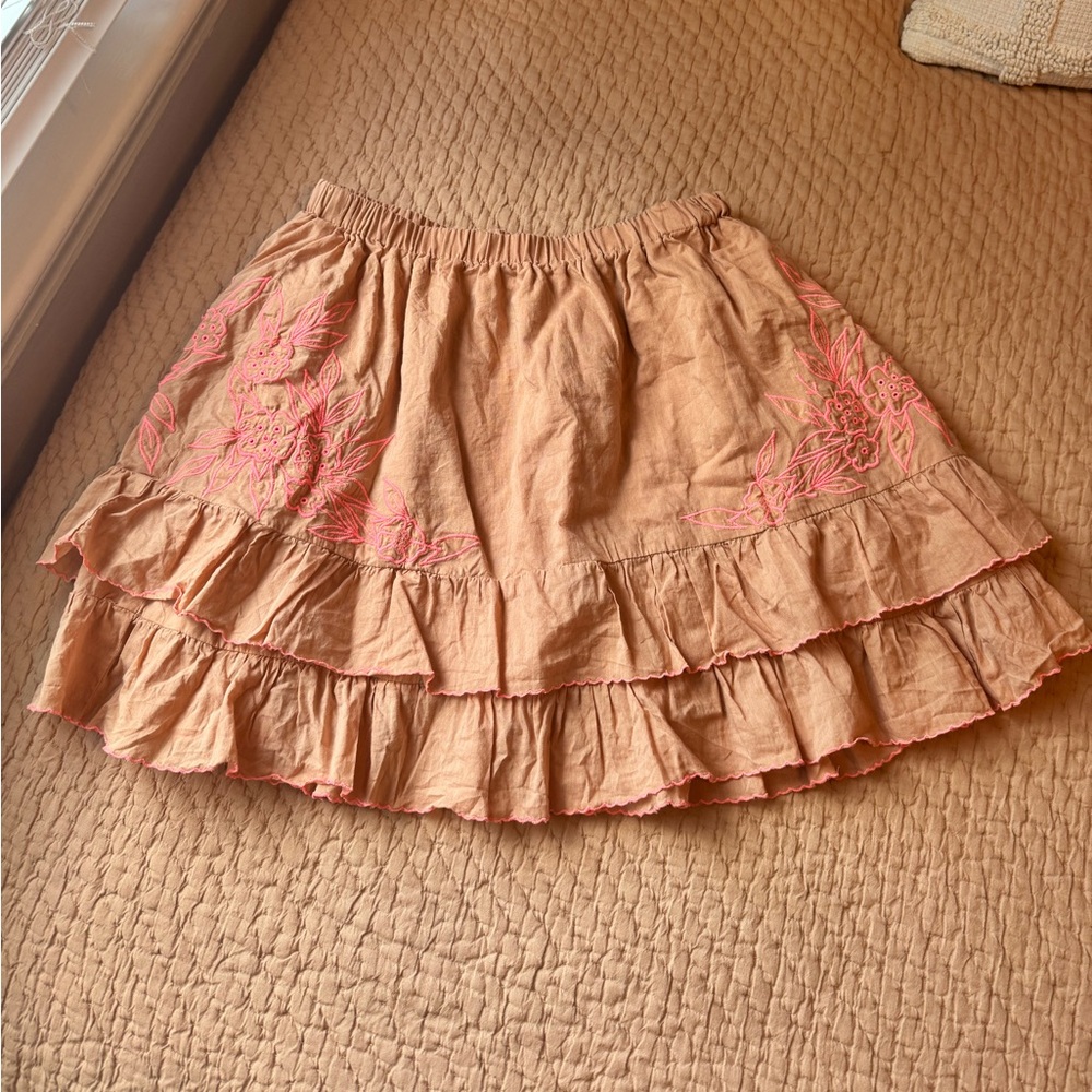 Juliet Dunn Peach/Tan and Bright Pink Embroidered Flower Mini Skirt, Size 0